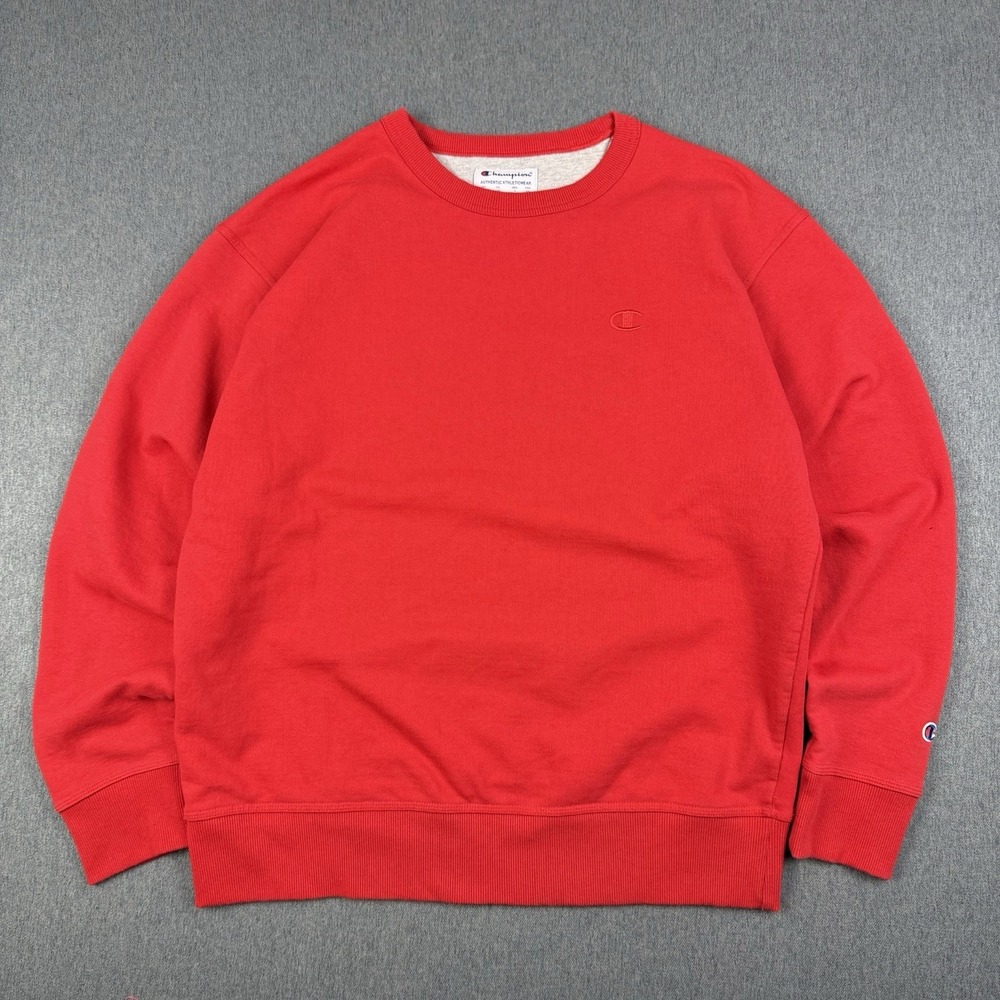 Champion Mens Long Sleeve Crewneck Sweater Embroidered Red Size Large Pullover